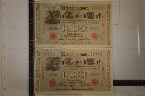 2-1910 GERMAN 1000 MARK BILLS. 1-CRISP UNC
