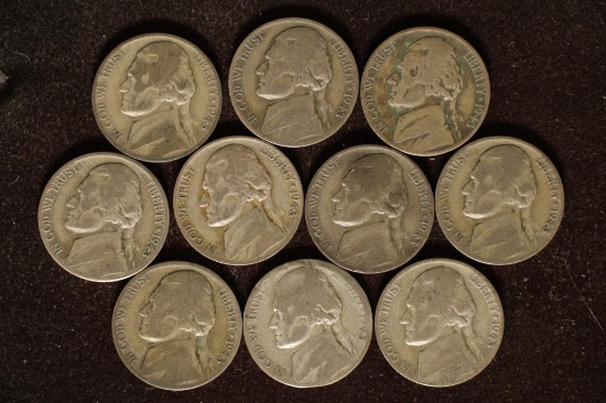 TEN 35% SILVER JEFFERSON WAR NICKELS: P & D