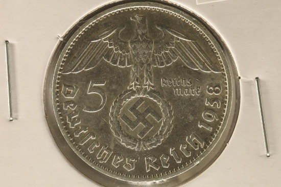 1938-D GERMAN SILVER 5 MARK WITH SWASTIKA
