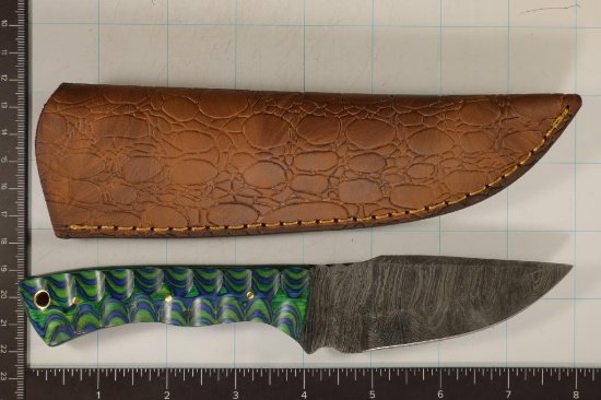 8" DAMASCUS STEEL FIXED BLADE KNIFE WITH LEATHER