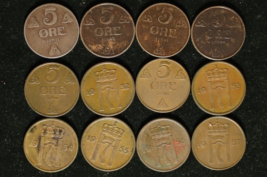 12 NORWAY 5 ORE COINS: 1917-1957