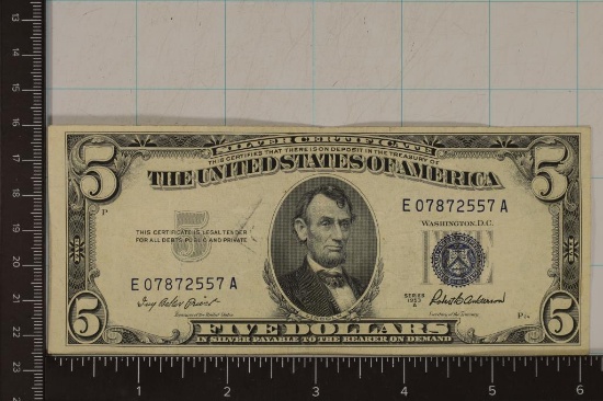 1953-A US $5 SILVER CERTIFICATE BLUE SEAL AU