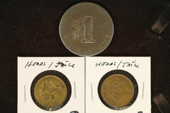 3 ADULT THEMED METAL TOKENS: $1 NON NEGOTIABLE,