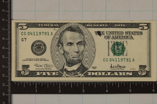 ERROR 2001 US $5 FRN INK SMEAR ON THE WORD "THE"