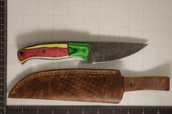 8 1/2" DAMASCUS STEEL HUNTING KNIFE WITH LEATHER