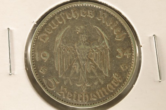 1934-D GERMAN SILVER 5 MARK WITH SWASTIKAS .4016