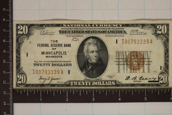 1929 US $20 NATIONAL CURRENCY RESERVE BANK OF