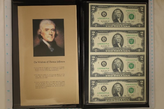 UNCUT SHEET OF 4-US 2009 $2 FRN'S CRISP UNC IN
