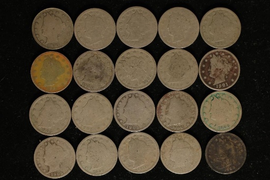 20 ASSORTED LIBERTY "V" NICKELS: 1887-1911