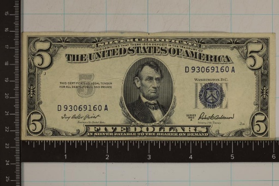 1953-A US $5 SILVER CERTIFICATE BLUE SEAL WHITE