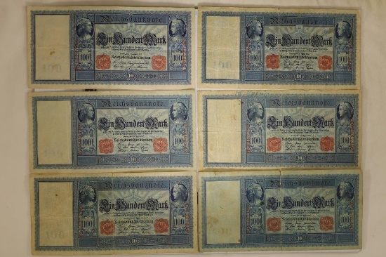 6-GERMAN 100 MARK BILLS: 1-1908 & 5-1910