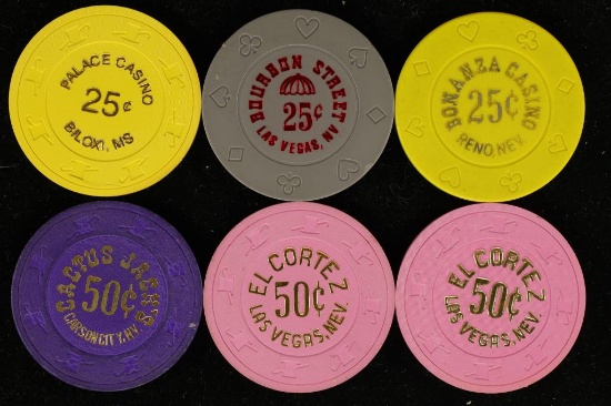 6 PLASTIC $1 CASINO GAMING TOKENS: 3-25 CENT AND