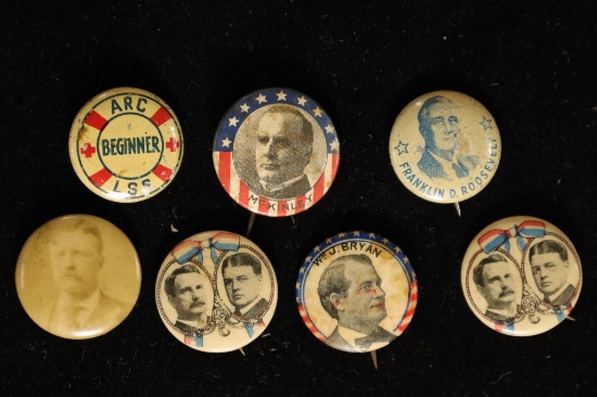 7 VINTAGE POLITICAL BUTTONS; ARC LSS BEGINNER,