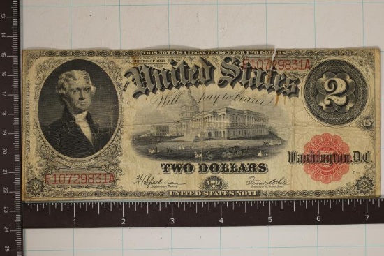 1917 US $2 LEGAL TENDER BILL LARGE SIZE RED SEAL