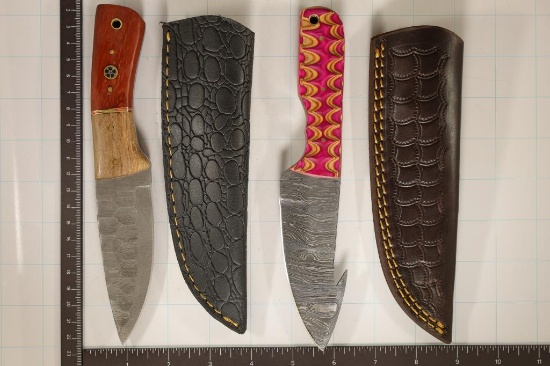 2-DAMASCUS STEEL HUNTING KNIVES: 8" WITH GUT