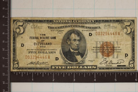 1929 US $5 NATIONAL CURRENCY BROWN SEAL BILL