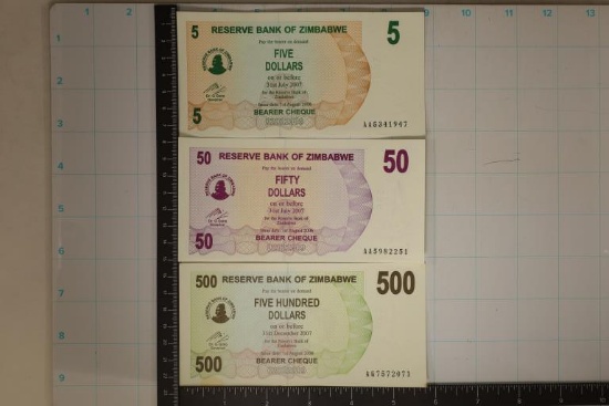 3-2006 ZIMBABWE BILLS: $5, $50 & $500 CRISP UNC