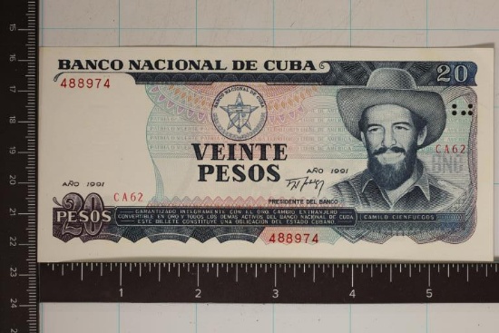 1991 CUBA 20 PESO CU BILL "CAMILO CIENFEUGOS"