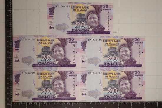 5-CRISP UNC 2019 MALAWI CONSECUTIVE SERIAL # BILLS