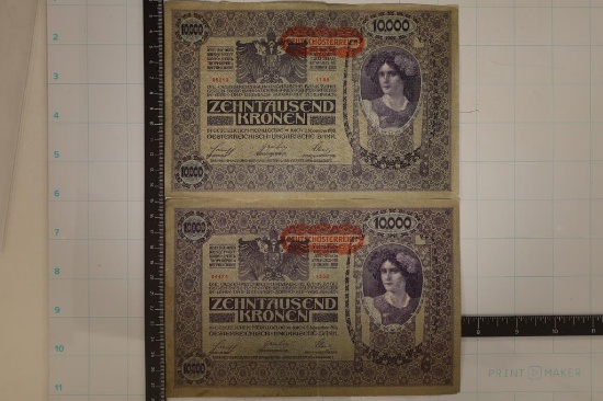 2 LARGE SIZE AUSTRIA 10,000 KRONEN BILLS FROM 1918