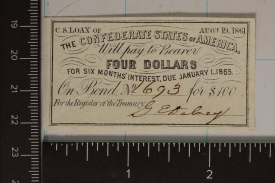 1861 CONFEDERATE STATES OF AMERICA $4 BOND