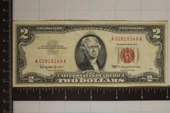 1963 US $2 RED SEAL BILL WITH SOME STAINING
