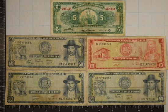 5-PERU BANK NOTES: 1958-5 SOLES, 1972-10 SOLES,