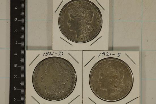 3 MORGAN SILVER DOLLARS: 1921 SCRATCHED, 1921-D &
