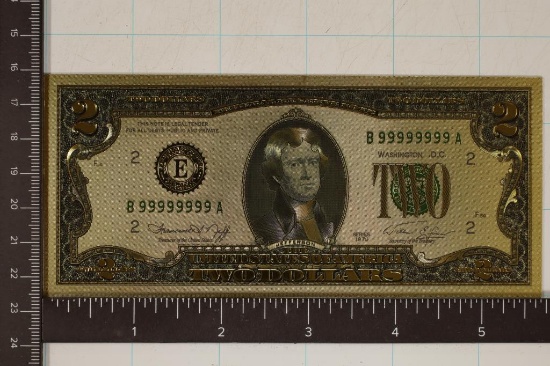 1976 GOLD FOIL US $2 BILL SERIAL #B99999999A