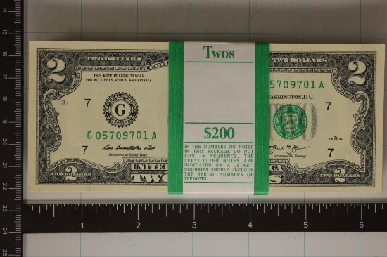 2013-100-CU CONSECUTIVE SERIAL NUMBERS US $2 BILL BLOCK