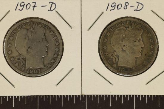 1907-D VG & 1908-D SILVER BARBER HALF DOLLARS