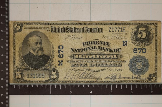 1904 US $5 LARGE SIZE NATIONAL CURRENCY HARTFORD