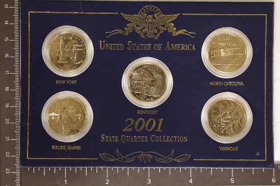 2001 GOLD PLATED US 5 COIN QUARTER SET IN BLUE