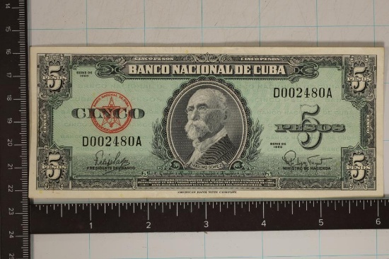 1960 CUBA 5 PESO CRISP AU BILL