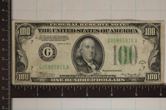 1934-A US $100 FEDERAL RESERVE NOTE GREEN SEAL
