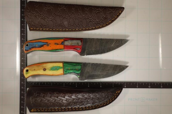 2 DAMASCUS STEEL HUNTING KNIVES: 8.5" & 8.25"