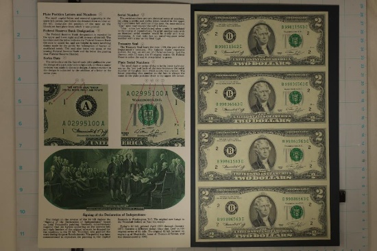 UNCUT SHEET OF 4-1976 US $2 GREEN SEAL BILLS IN