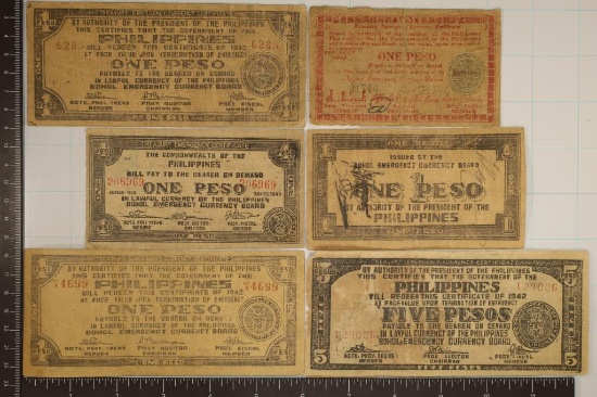 6 PIECES OF INVASION CURRENCY: 5-ONE PESO &