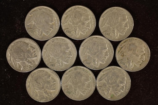10 ASSORTED 1930'S FULL DATE BUFFALO NICKELS