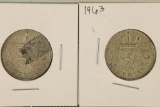 2-1963 NETHERLANDS SILVER 1 GULDEN .301 OZ. ASW