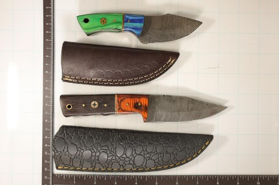 2 DAMASCUS STEEL FIXED BLADE KNIVES: 6" & 8"
