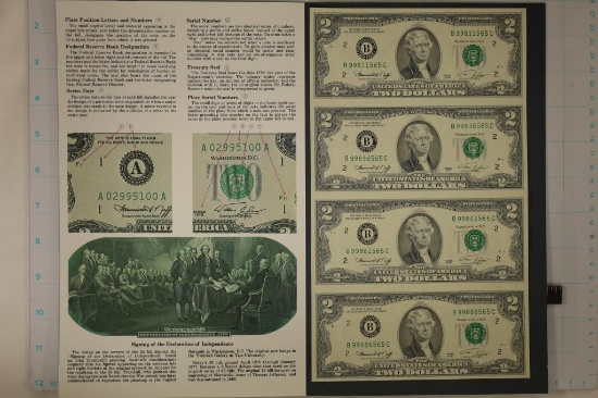UNCUT SHEET OF 4-1976 US $2 FRN NOTES CRISP UNC