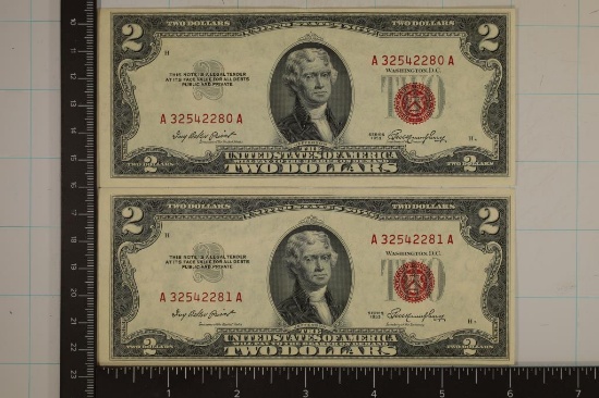2-CRISP UNC US $2 NOTES WITH CONSECUTIVE SERIAL