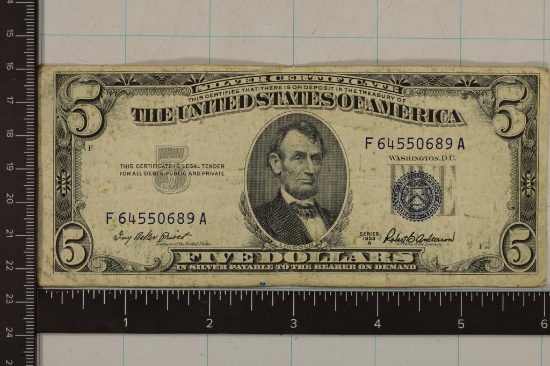 1953-A US $5 SILVER CERTIFICATE BLUE SEAL