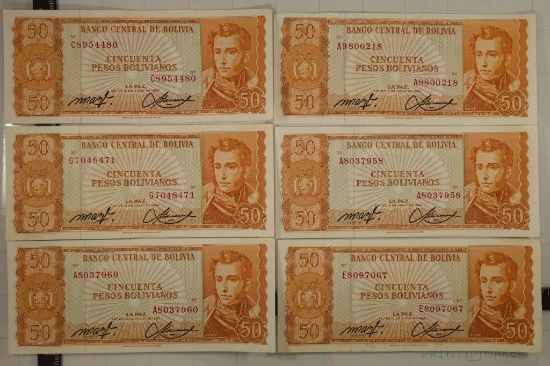 6-1962 BOLIVIA 50 BOLIVIANOS BILLS AU/UNC