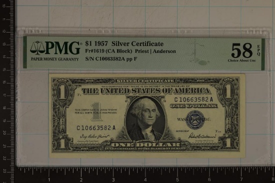 1957 US $1 SILVER CERTIFICATE PMG 58 CHOICE AU EPQ