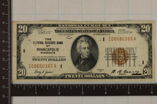 1929 US $20 NATIONAL CURRENCY BANK OF MINNEAPOLIS