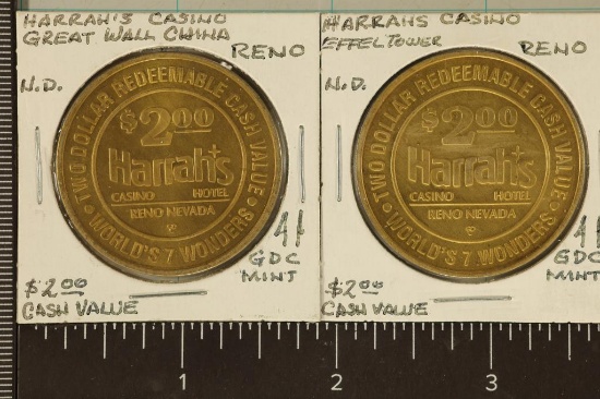 2 METAL $2 HARRAHS CASINO UNC CHIPS. EIFFEL
