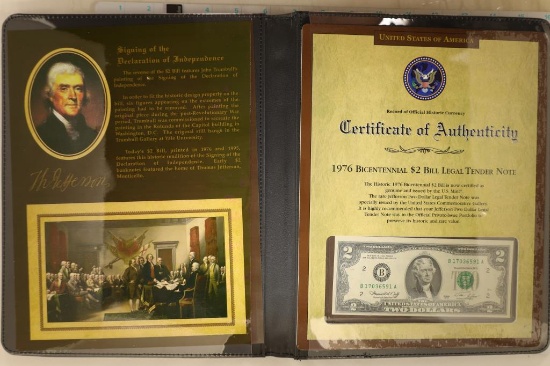 CRISP UNC 1976 US $2 BILL IN LARGE BLACK FOLIO