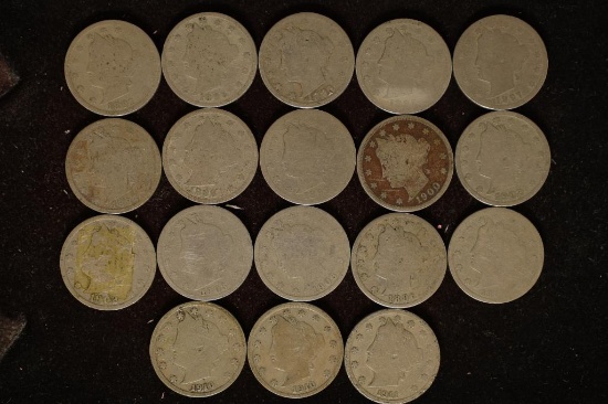 18 ASSORTED LIBERTY "V" NICKELS. 1891-1911